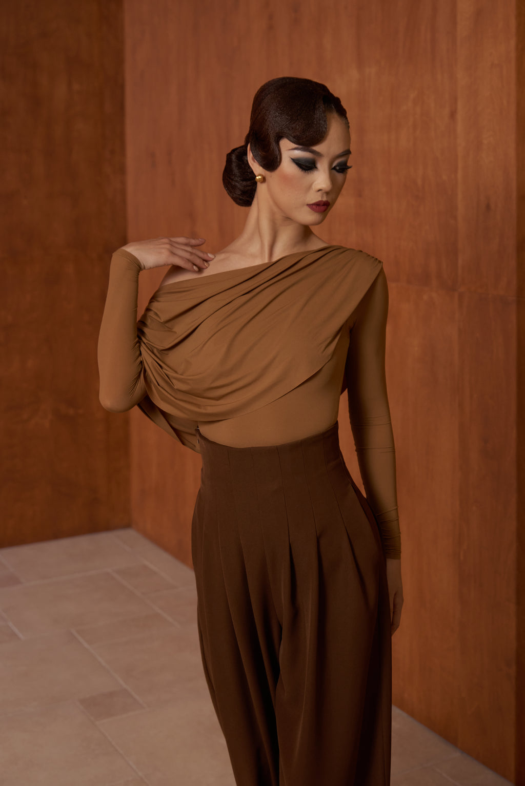 DANCE QUEEN 821-4 Sand Off Shoulder Long Sleeve Dancing Ballroom Leotard