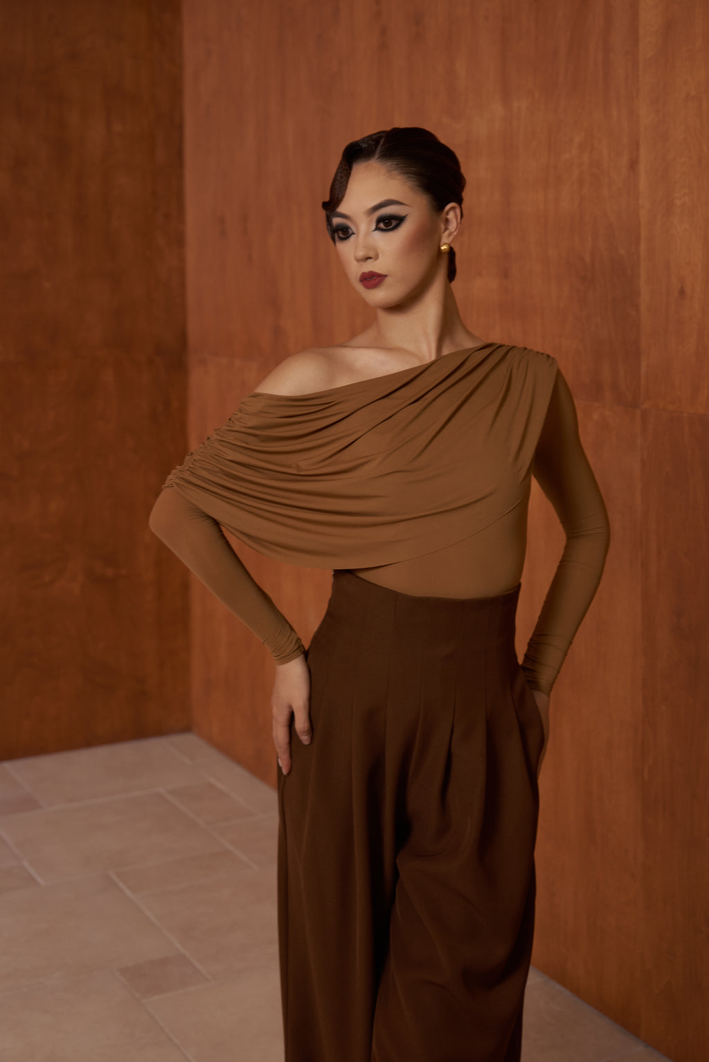 DANCE QUEEN 821-4 Sand Off Shoulder Long Sleeve Dancing Ballroom Leotard