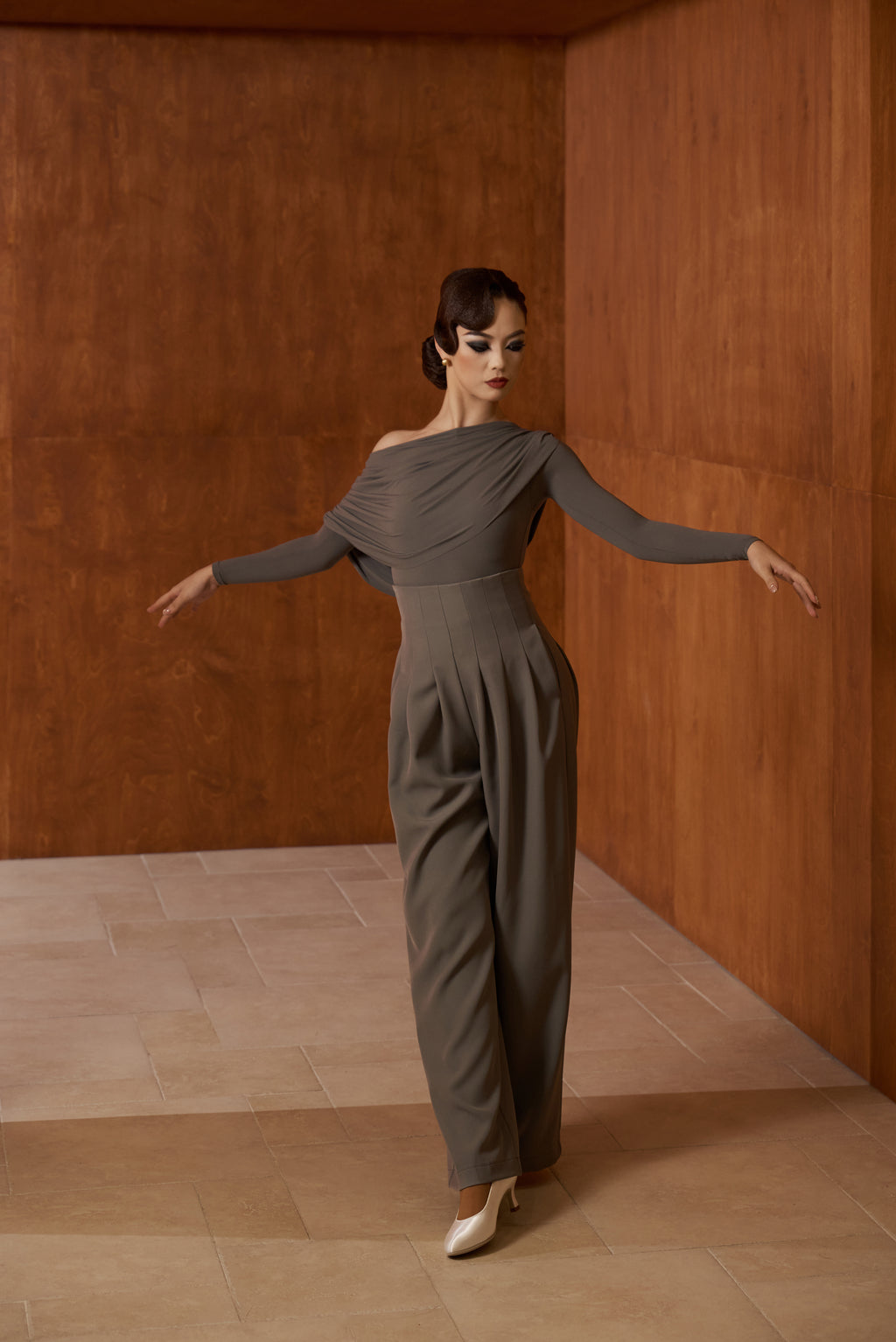 DANCE QUEEN 821-7 Gray Pleated Off Shoulder Leotard