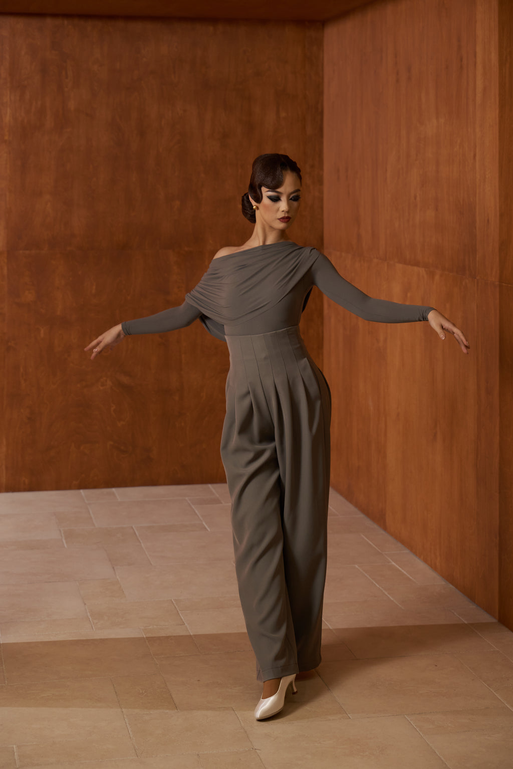 DANCE QUEEN 821-7 Gray Pleated Off Shoulder Leotard