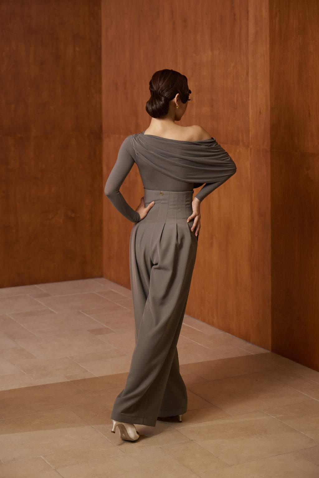 DANCE QUEEN 821-7 Gray Pleated Off Shoulder Leotard
