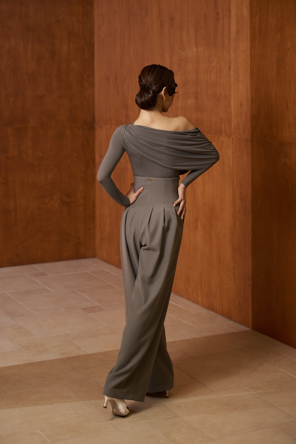 DANCE QUEEN 821-7 Gray Pleated Off Shoulder Leotard