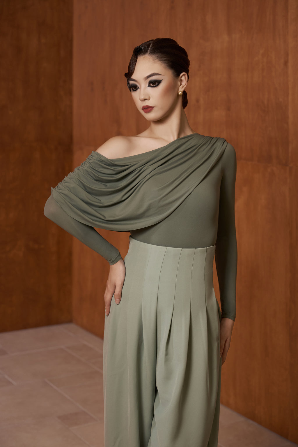 DANCE QUEEN 821-6 Forest Off Shoulder Long Sleeve Dancing Ballroom Leotard
