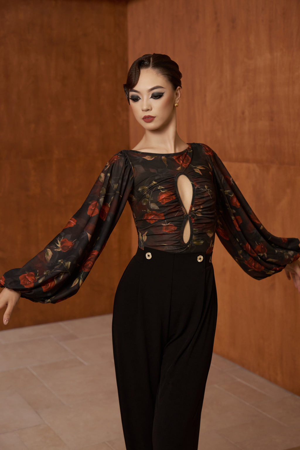 DANCE QUEEN 661-3 Boat Neck Hollow Rose Print Lantern Sleeve Dancing Ballroom Leotard