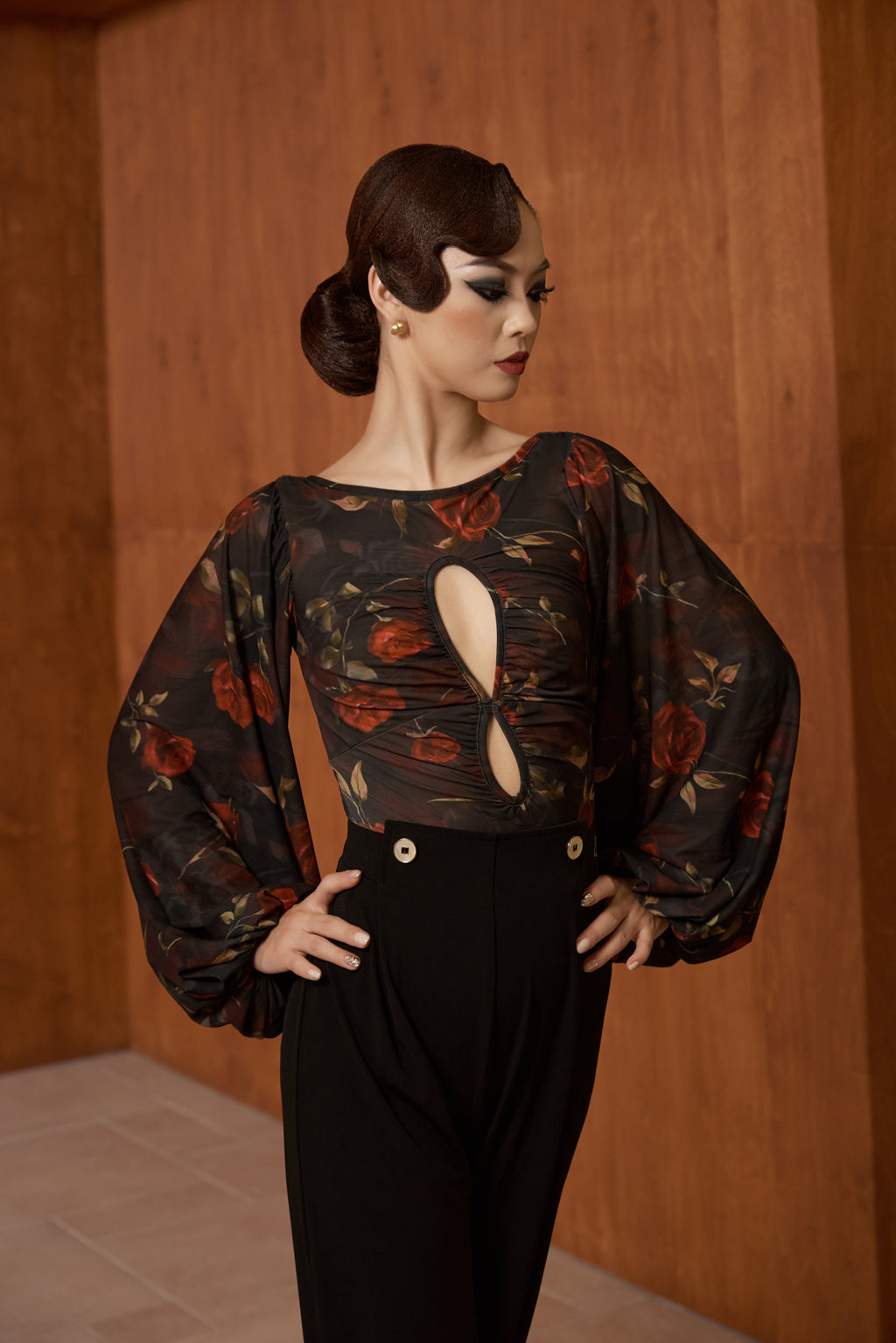 DANCE QUEEN 661-3 Boat Neck Hollow Rose Print Lantern Sleeve Dancing Ballroom Leotard