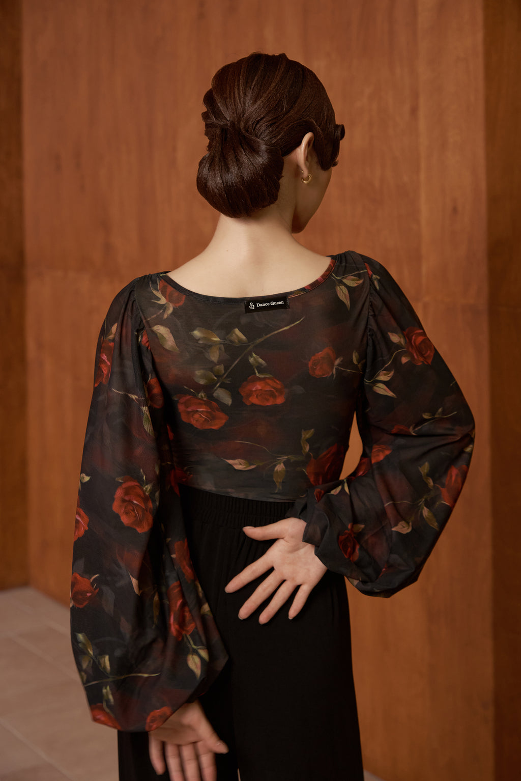 DANCE QUEEN 661-3 Boat Neck Hollow Rose Print Lantern Sleeve Dancing Ballroom Leotard