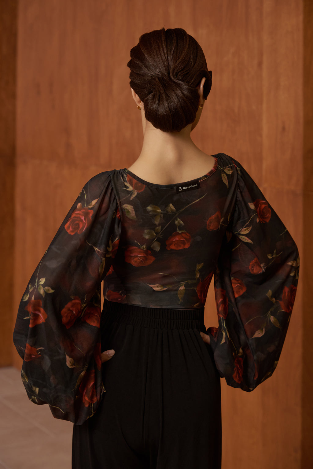 DANCE QUEEN 661-3 Boat Neck Hollow Rose Print Lantern Sleeve Dancing Ballroom Leotard