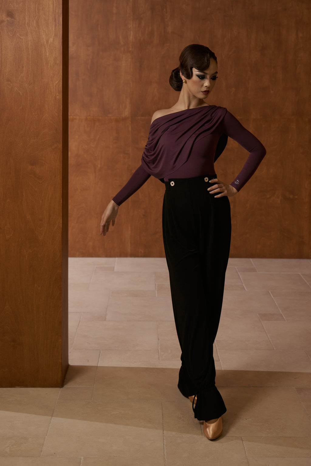 DANCE QUEEN 821-3 Purple Off Shoulder Long Sleeve Dancing Ballroom Leotard
