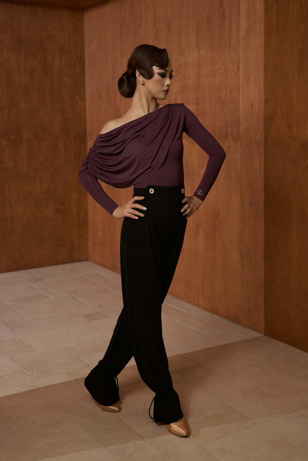 DANCE QUEEN 821-3 Purple Off Shoulder Long Sleeve Dancing Ballroom Leotard