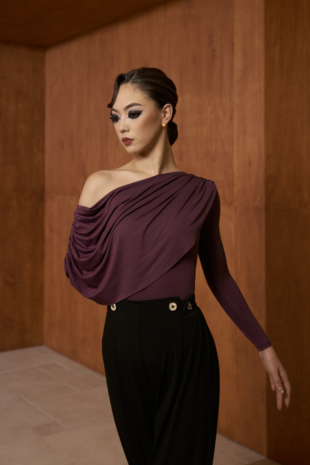 DANCE QUEEN 821-3 Purple Off Shoulder Long Sleeve Dancing Ballroom Leotard