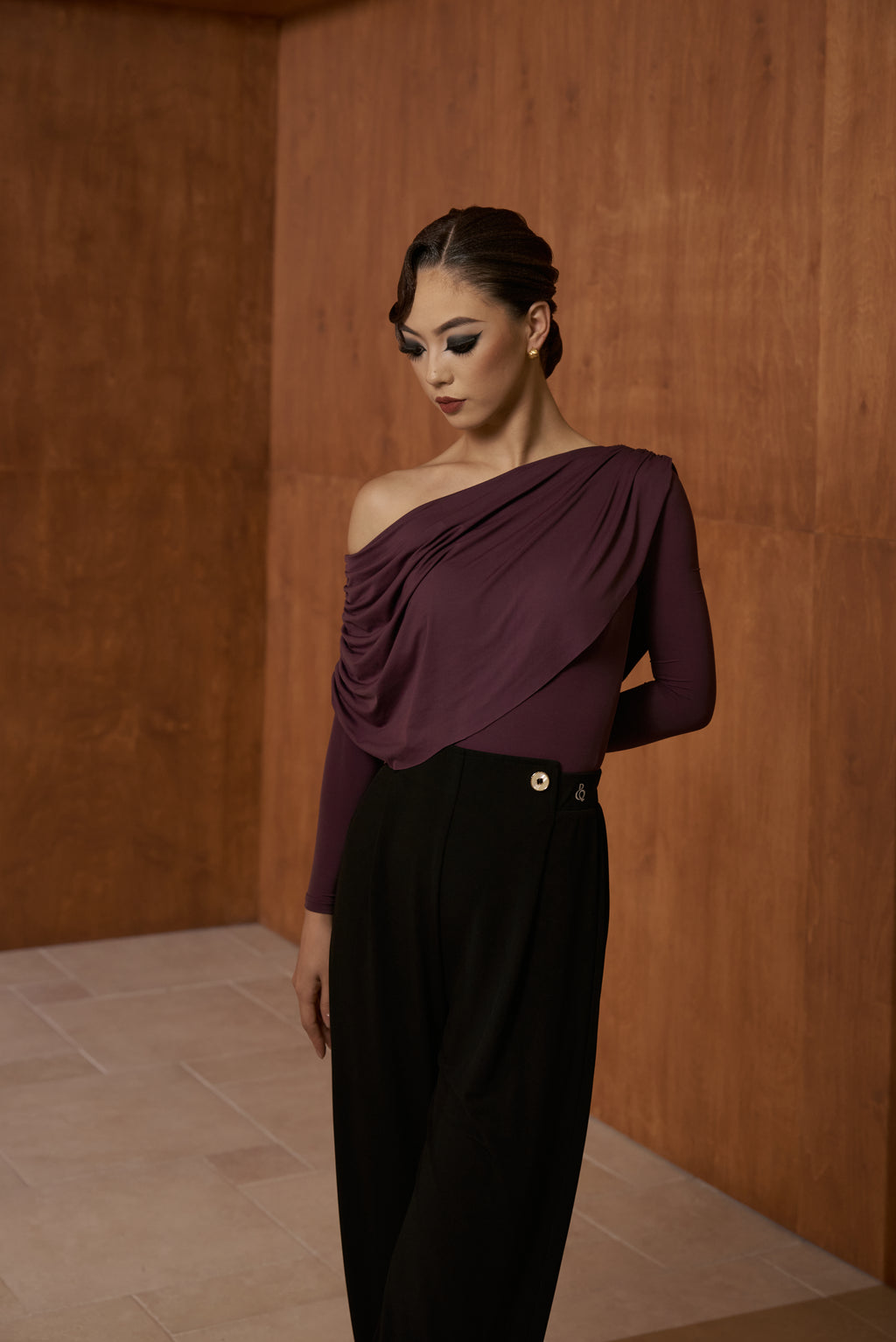 DANCE QUEEN 821-3 Purple Off Shoulder Long Sleeve Dancing Ballroom Leotard