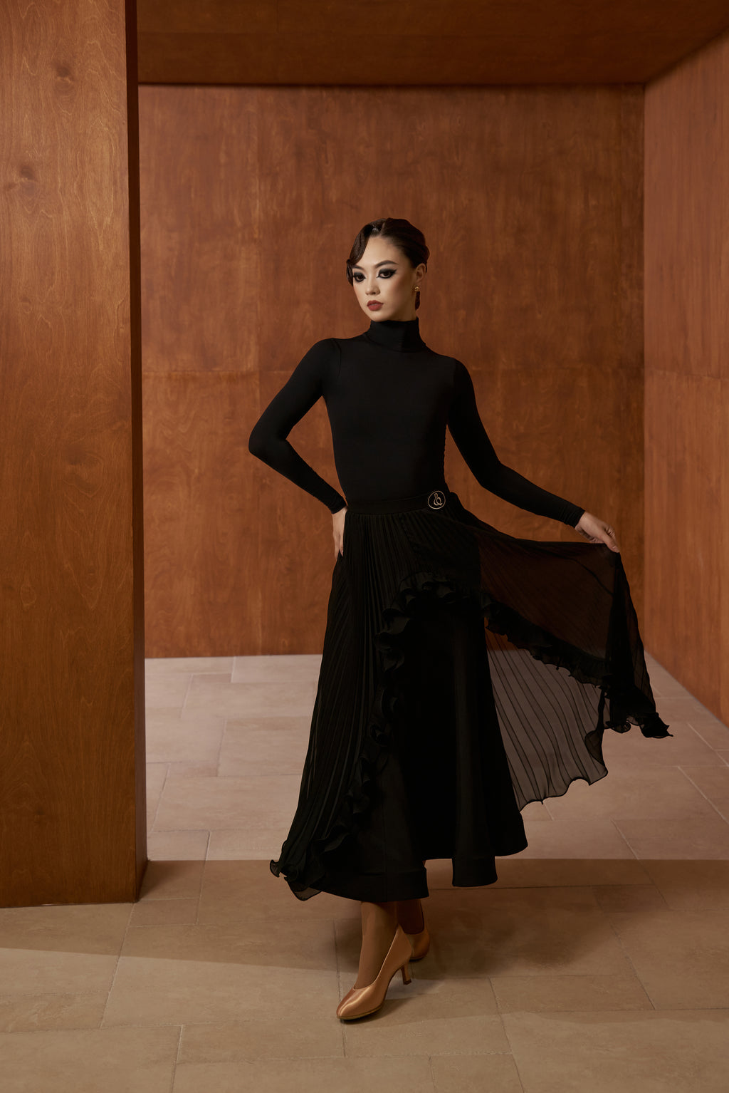 DANCE QUEEN 1046 Black Pleated Lace Ballroom Practice Dance Sport Skirt