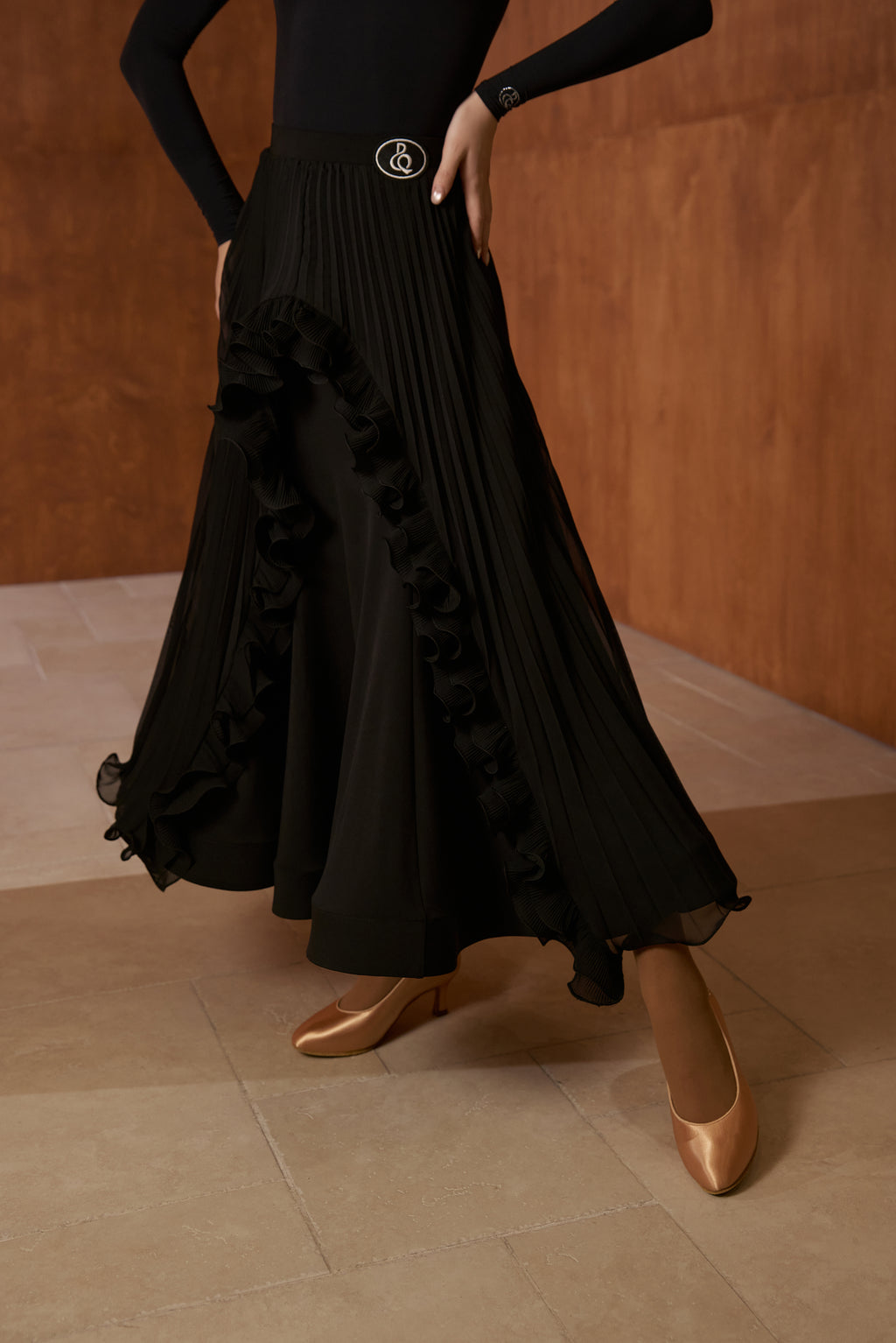 DANCE QUEEN 1046 Black Pleated Lace Ballroom Practice Dance Sport Skirt