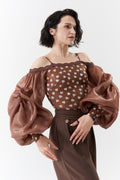 DANCE QUEEN 1091-4 Chocolate Dots Off Shoulder Lantern Sleeve Ballroom Practice Dance Sport Leotard