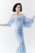 DANCE QUEEN 1096-3 Light Blue Off Shoulder Ruffled Ballroom Practice Dance Sport Leotard