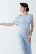 DANCE QUEEN 722-6 Light Blue One Shoulder Pleated Ballroom Practice Dance Sport Leotard