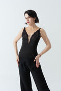 DANCE QUEEN 1084 Classic Black V Neck Lace Backless Ballroom Practice Dance Sport Suspender Leotard