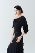 DANCE QUEEN 1120 Classic Black Off Shoulder Ruffle Ballroom Practice Dance Sport Leotard