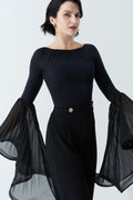 DANCE QUEEN 1123 Classic Black Boat Neck Lantern Sleeve Practice Dance Sport Leotard