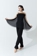 DANCE QUEEN 1112 Classic Black Practice Dance Sport Irregular Mesh Lace Ballroom Suspenders Leotard