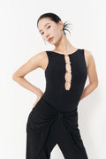DANCE QUEEN 1131 Black Round Neck Hollow Metal Buckles Sleeveless Practice Dance Sport Ballroom Leotard