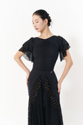 DANCE QUEEN 1127 Black Pleats Ruffle Sleeve Practice Dance Sport Ballroom Design Leotard