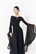 DANCE QUEEN 1147 Black Metal Buckle Bell Chiffion Sleeve Practice Dance Sport Ballroom Design Leotard