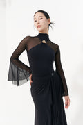 DANCE QUEEN 1129 Black Metal Buckle Mesh Sleeve Practice Dance Sport Ballroom Design Leotard