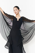 DANCE QUEEN 1132 Black U Neck Cape Mesh Floats Practice Dance Sport Ballroom Design Leotard No Pads