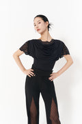 DANCE QUEEN 1128 Black Pleats Lace Sleeve Practice Dance Sport Ballroom Design Leotard