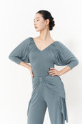 DANCE QUEEN 1142-2 Cyan Limited Pleats V Neck Puff Sleeve Practice Dance Sport Ballroom Leotard