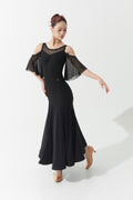 DANCE QUEEN 1158 Of Shoulder Lace Collar Mesh Sleeve Custom Made Ballroom Practice Dress