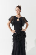DANCE QUEEN 1153 Front Cutout Star-shaped Metal Buckle Mesh Sleeve Tulle Skirt Custom Made Ballroom Practice Dress