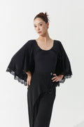 DANCE QUEEN 1155 Black Chest Pleated Lace Patchwork Faux Two-piece Cape Short-sleeve Leotard