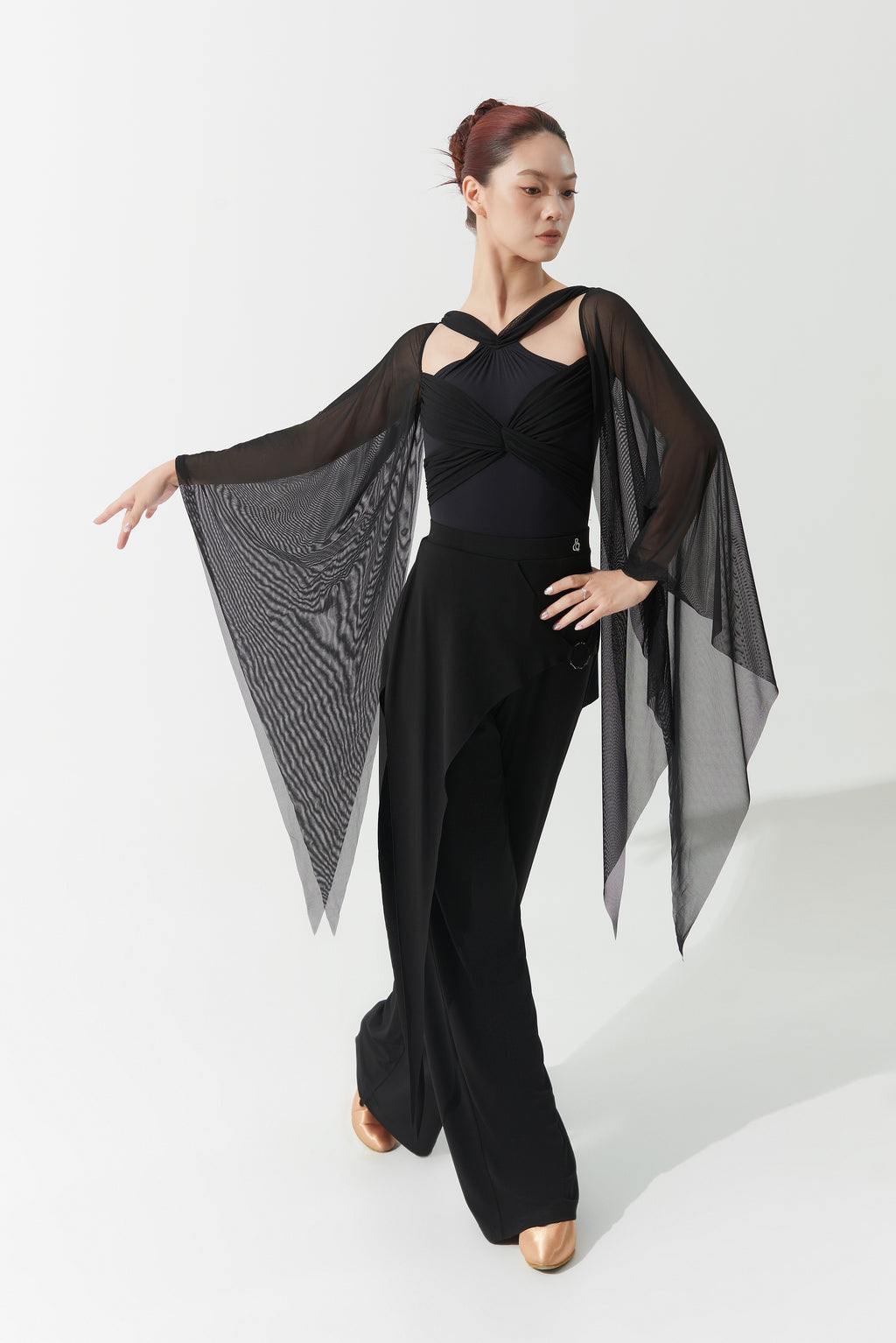 DANCE QUEEN 1163 Black Cross Front Mesh Sleeves Backless Ballroom