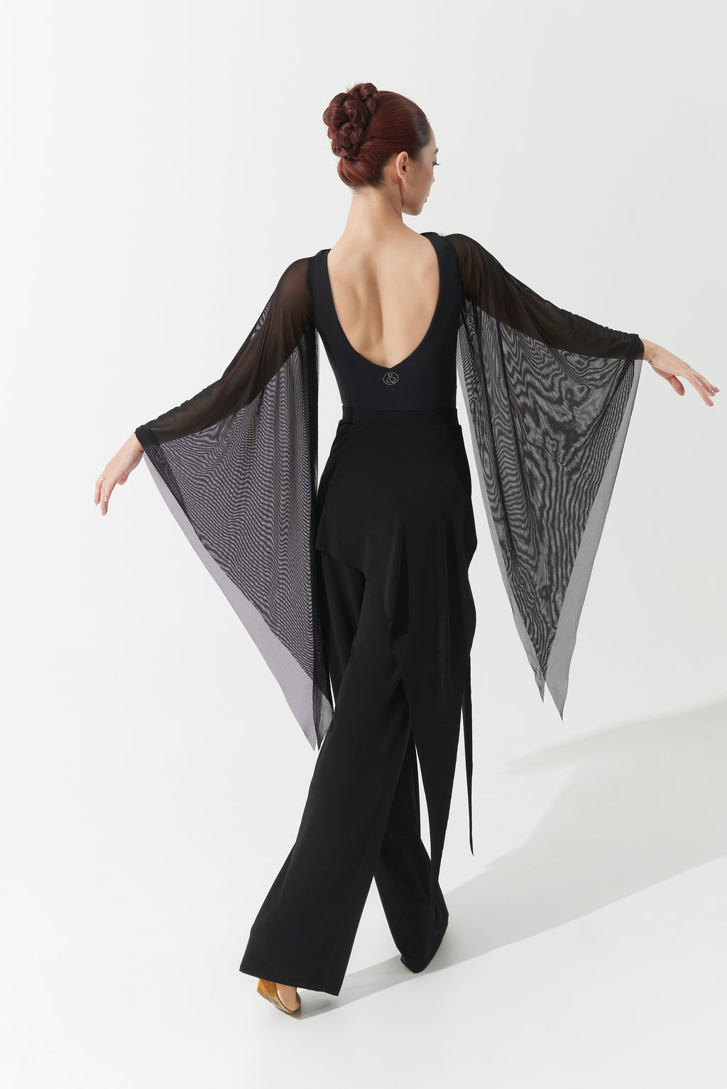 DANCE QUEEN 1163 Black Cross Front Mesh Sleeves Backless Ballroom