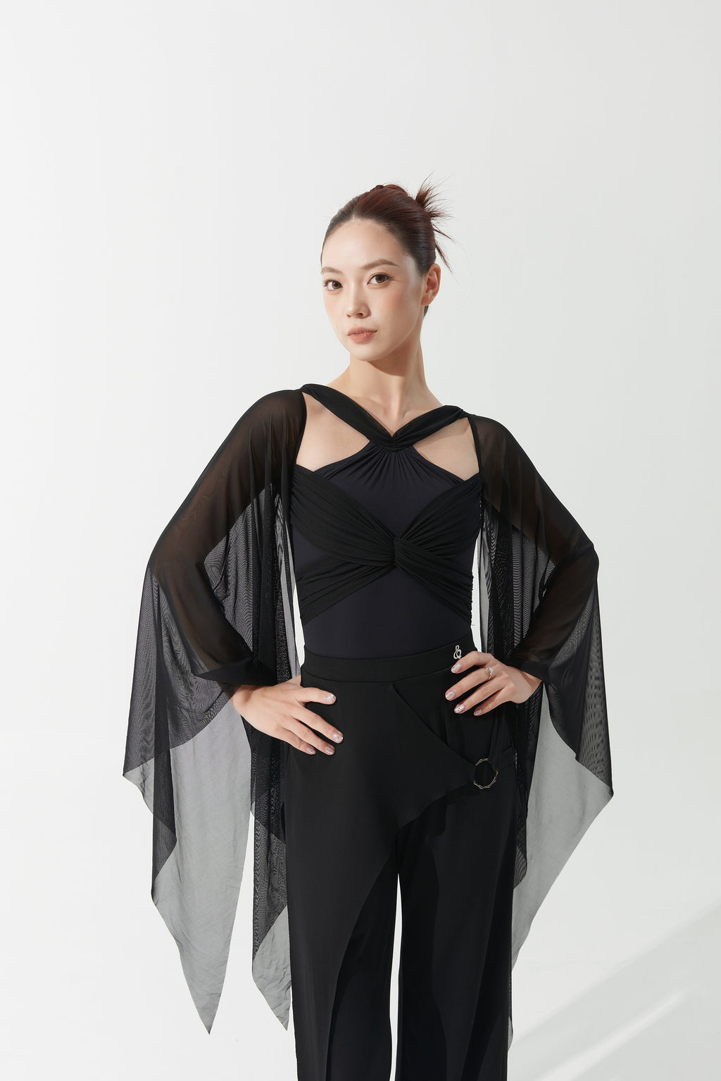 DANCE QUEEN 1163 Black Cross Front Mesh Sleeves Backless Ballroom