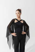 DANCE QUEEN 1163 Black Cross Front Mesh Sleeves Backless Ballroom Leotard