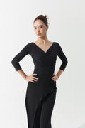 DANCE QUEEN 1157 Black Cross V-Neck Bust Pleats Waist Cinching Lace Cuff 3/4 Sleeves Ballroom Leotard