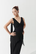DANCE QUEEN 1166 Black Deep V Neck Front Twist Sleeveless Flowing Ribbon Ballroom Leotard