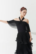 DANCE QUEEN 1170 Black Halter Off Shoulder Mesh Sleeves Backless Ballroom Leotard