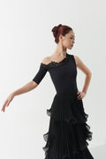 DANCE QUEEN 1162 Black Asymmetric One-sleeve Lace Collar Ballroom Leotard