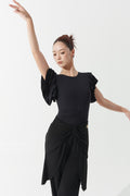 DANCE QUEEN 1130 Black Crew Neck Double-Layer Ruffled Sleeves Twisted Waist Ballroom Leotard