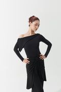DANCE QUEEN 1136 Black Asymmetric Neckline and Single-Sided Lapel Design Long Sleeve Ballroom Leotard