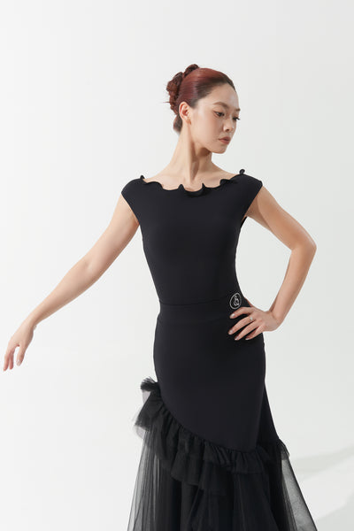 DANCE QUEEN 1148 Black Wave Collar Sleeveless Backless Ballroom