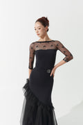 DANCE QUEEN 1098 Black Polka Dot Lace Patchwork Backless Half-sleeve Ballroom Leotard