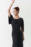 DANCE QUEEN 1120 Classic Black Off Shoulder Ruffle Ballroom Practice Dance Sport Leotard