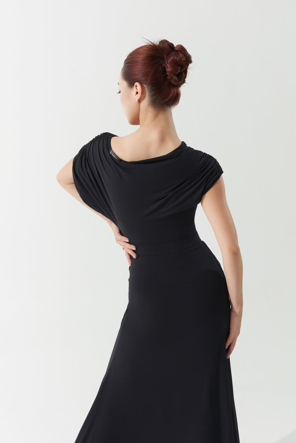 DANCE QUEEN 1149 Black Asymmetric Side Cutout Short Sleeves Backless Ballroom Leotard