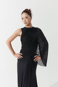DANCE QUEEN 1165 Black Asymmetrical Ruched Mesh Sleeve Ballroom Leotard