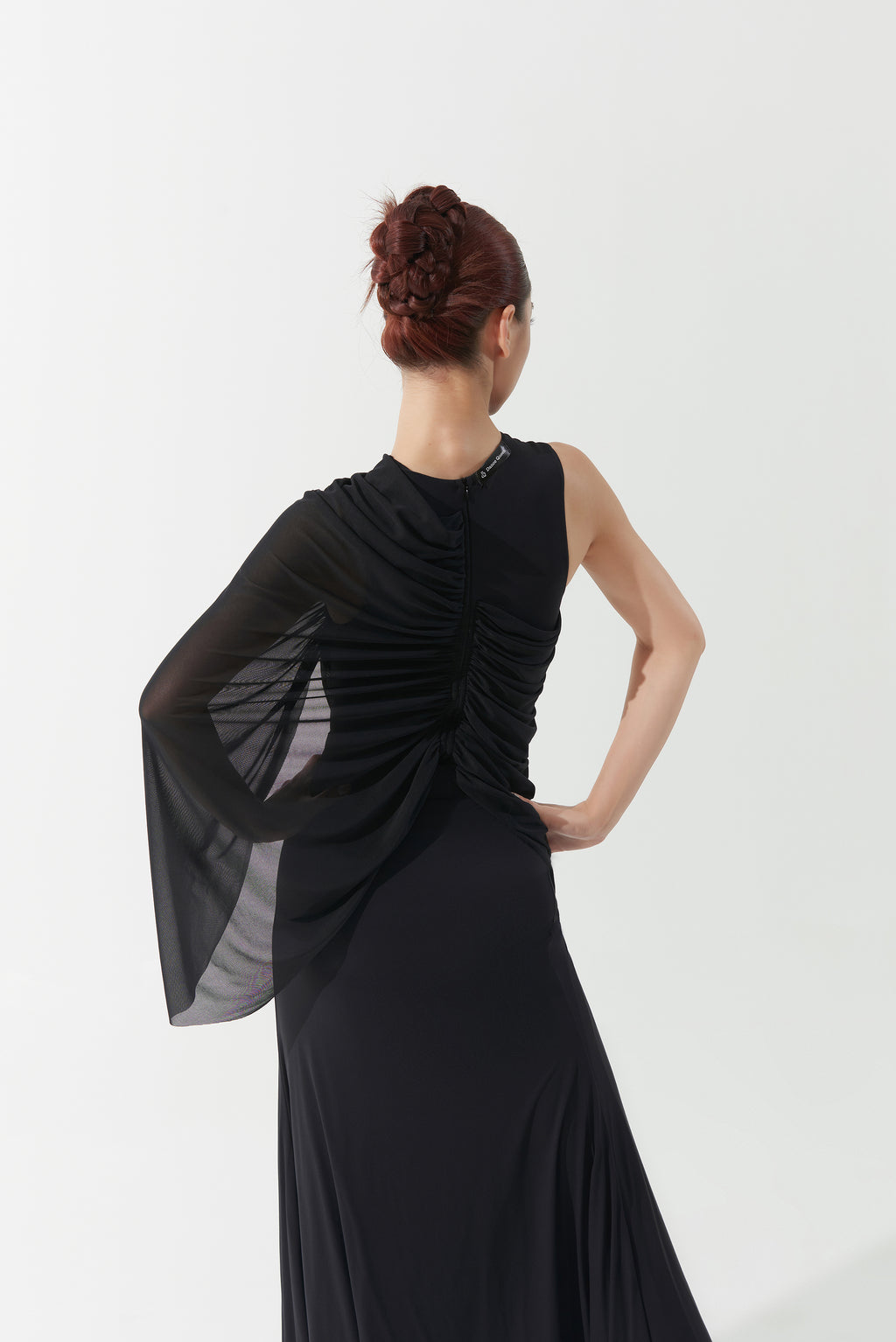 DANCE QUEEN 1165 Black Asymmetrical Ruched Mesh Sleeve Ballroom